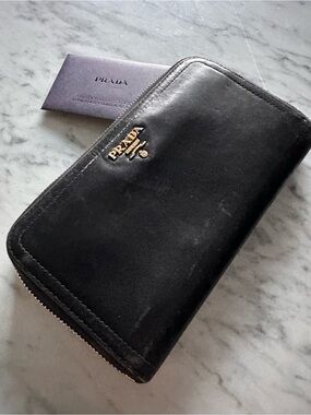 Prada Black Zip-Around Wallet with Gold Logo